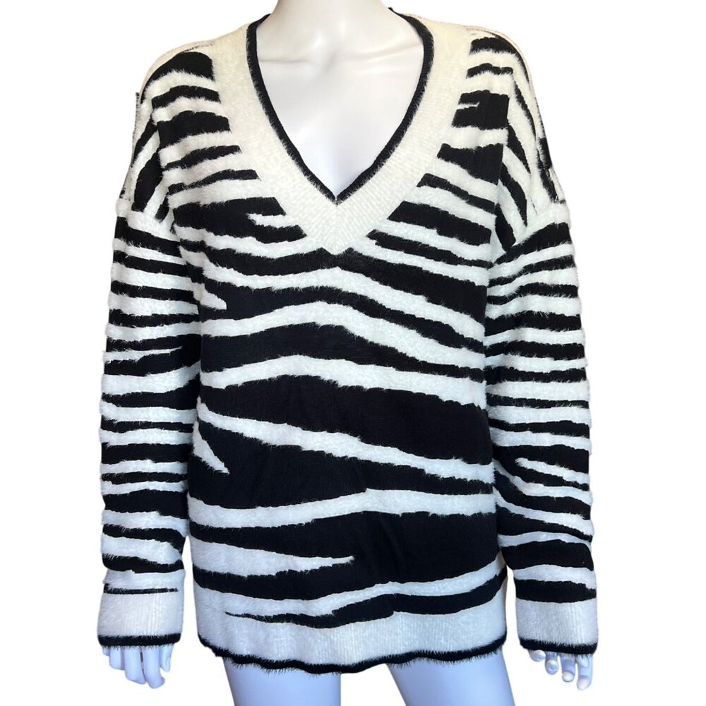 Belldini V-Neck Sweater Soft Blend Black & White Zebra Print Womens Size XL